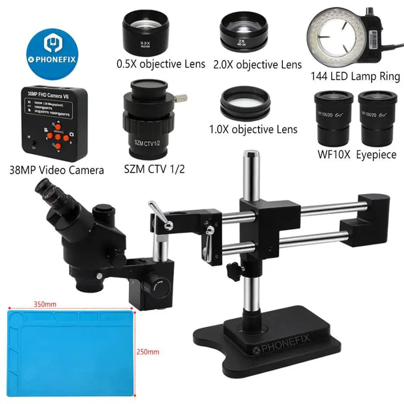 Stereo Trinocular Microscope Pcb - 3.5X-90X 블랙 더블 암 스테레오 현미경